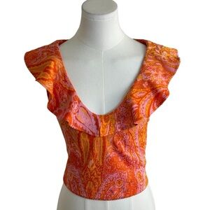 ZARA Pink Orange Jacquard Top Ruffle Sleeveless Retro 70’s Print Size S Tropical